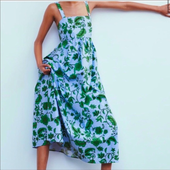 Zara Dresses & Skirts - Zara NWT Blue & Green Floral Cotton Pocket Maxi Dress Size XL